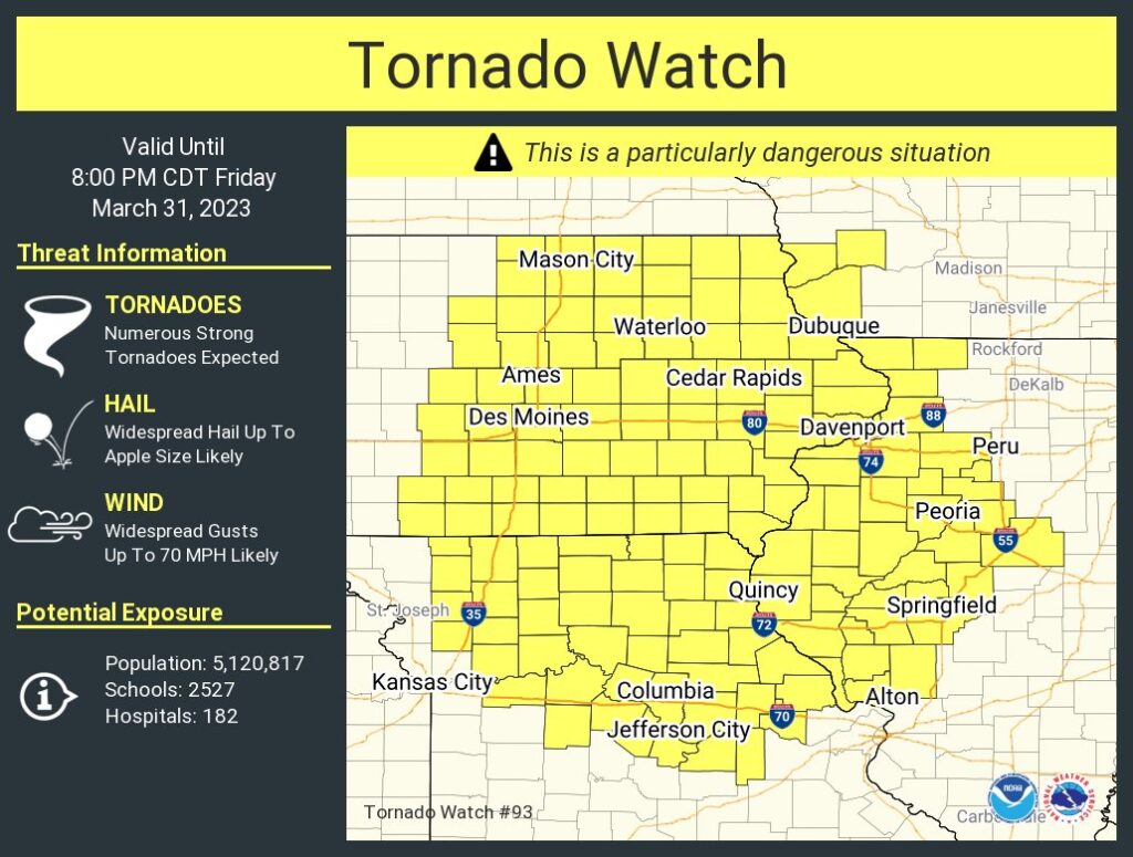 A Tornado Watch has been issued in an area likely to see violent tornadoes today. Image: NWS