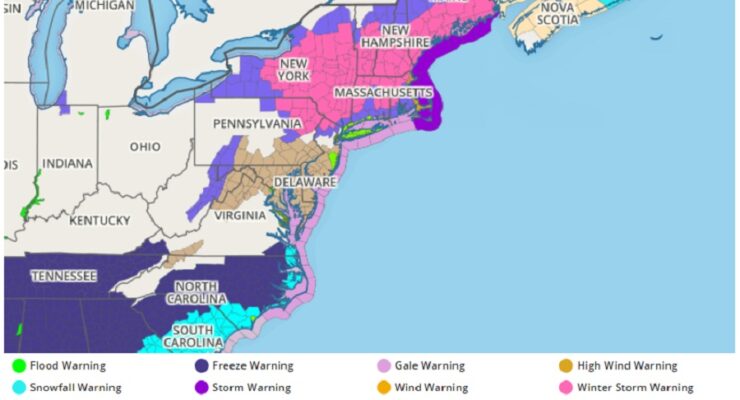 Many warnings and advisories are in effect throughout the Northeast now due a nor'easter moving through the region. Image: weatherboy.com
