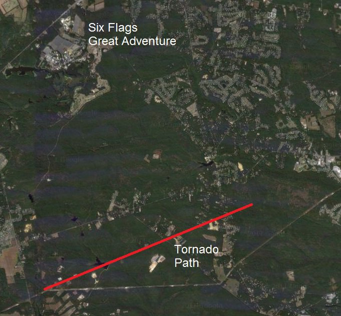 Six Flags Great Adventure was impacted by a tornado that touched down just to the south of the theme park on June 22, 2011. Image: Weatherboy