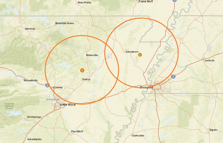 The epicenter of both earthquake to hit Arkansas today is at the orange dot located within the broader orange circle. Image: USGS