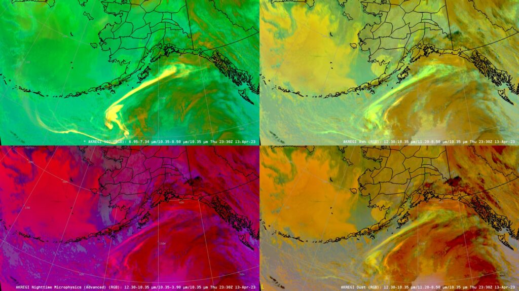 Different views from the GOES-18 weather satellite show a plume of volcanic ash drifting across Alaska and into the western continental United States and Canada. Image: NWS