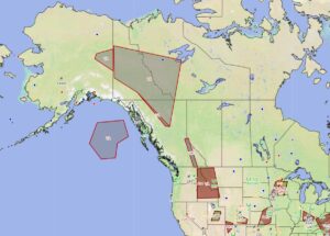 A variety of aviation warnings are up over North American airspace, including the polygons for V-A: volcanic ash. Image: NWS AWC