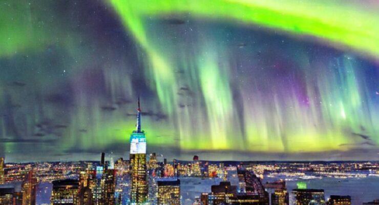 Computer rendering of aurora, also known as "Northern Lights", over an American city. Image: Stable Diffusion AI