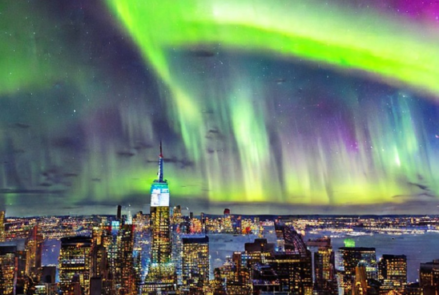 Computer rendering of aurora, also known as "Northern Lights", over an American city. Image: Stable Diffusion AI