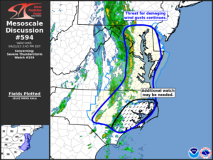 The latest Mesoscale Discussion from the Storm Prediction Center suggests additional watches for severe weather may need to be posted here.  Image: NWS SPC