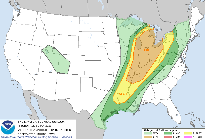 Severe thunderstorms are possible in the shaded regions, with the orange area at greatest risk for seeing severe weather on Wednesday. Image: SPC