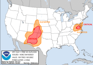 Today's fire weather risks are contained to two areas in the U.S.; one being down-slope of the Rockies in the West, the other being in the Mid Atlantic. Image: NWS SPC
