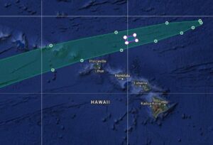 While mariners are warned to avoid the entire green shaded area under the path of Starship, the rocket itself is expected to splash down north of Hawaii inside the purple box. Issues that may arise during this mission could alter that final landing area. Image: Google