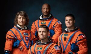 The crew of NASA’s Artemis II mission (left to right): NASA astronauts Christina Hammock Koch, Reid Wiseman (seated), Victor Glover, and Canadian Space Agency astronaut Jeremy Hansen. Image: NASA