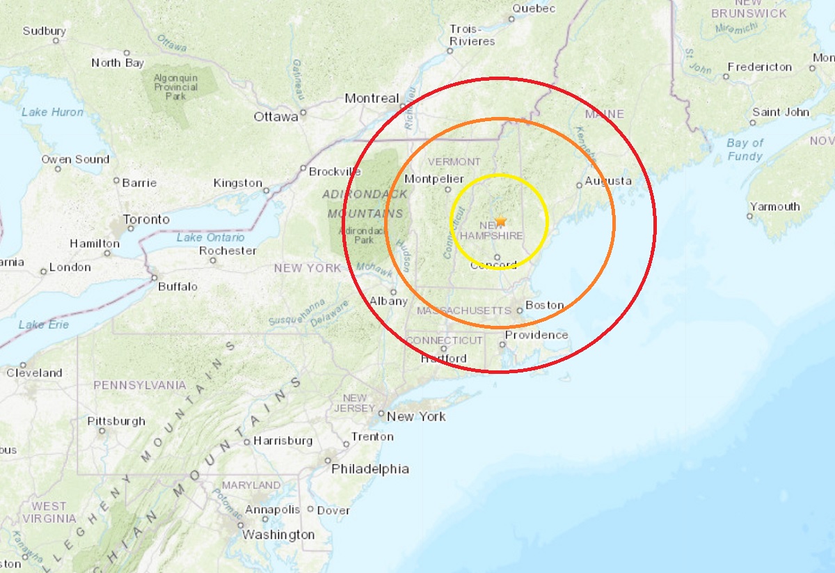 The epicenter of today's earthquake is at the star inside the color concentric circles. Image: USGS