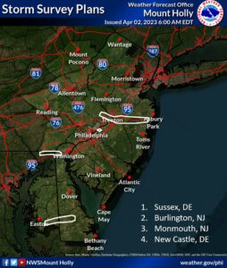 The National Weather Service's Mount Holly, NJ office is investigating possible tornadic activity in these areas from the April 1 storms. Image: NWS