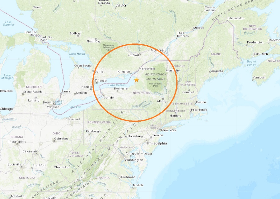 The epicenter of today's earthquake in New York is at the star inside the orange circle. Image: USGS