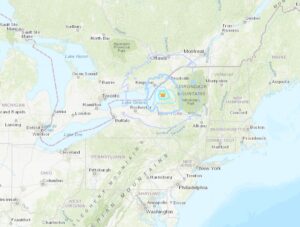 The 3.6 earthquake struck in western New York nearby where a weaker earthquake struck on April 14. More than 1,400 people reported feeling Sunday's earthquake. Image: USGS