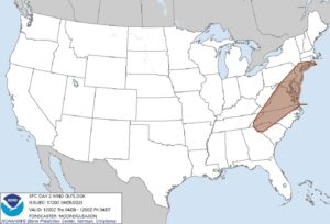 The area in brown has an elevated risk of seeing damaging winds from severe thunderstorms on Thursday. Image: SPC