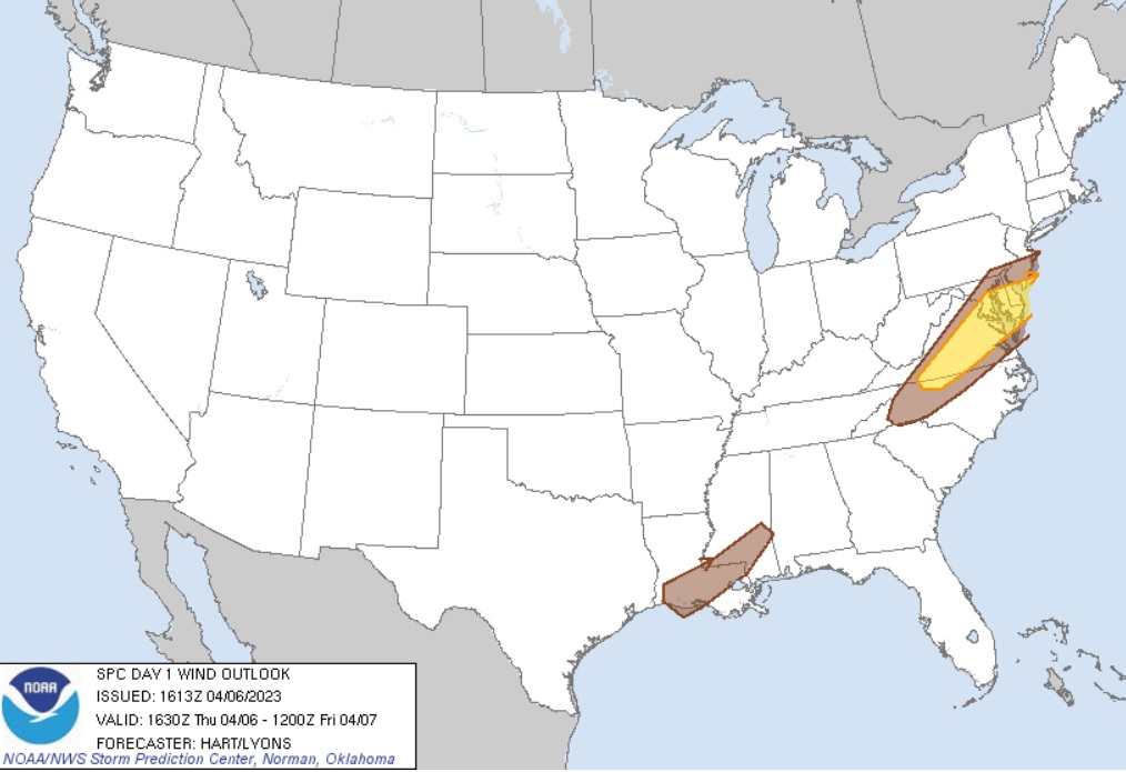 The area in brown and yellow could see severe thunderstorms with damage wind gusts today; the yellow area is at a greater risk than the brown area. Image: SPC
