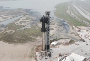 The massive Starship rocket sits on its launchpad in Texas at SpaceX's Starbase. The spaceport is built near the Texas/Mexico border not far from South Padre Island. Image: Elon Musk / Twitter