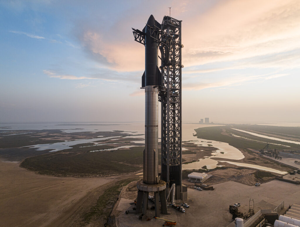Starship stands on its launchpad on April 17, 2023; it is now scheduled to lift-off no sooner than the morning of April 20. Image: SpaceX