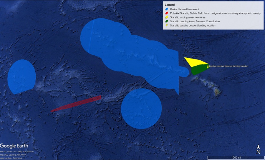 This updated map reflects where Starship is expected to land in relationship to nearby Marine National Monuments. An area has also been defined well south and west of Hawaii where there could be a Starship debris field during tests where the spacecraft does not survive atmospheric re-entry. Image: FAA
