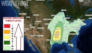 The Storm Prediction Center says while areas in any shaded area could see thunderstorms, those in the yellow and orange zones are at highest risk for the most severe storms on Saturday. Image: weatherboy.com