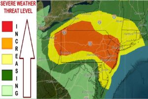 The latest National Weather Service Storm Prediction Center Convective Outlook shows much of New Jersey and Pennsylvania at risk of severe storms today. Image: NWS SPC