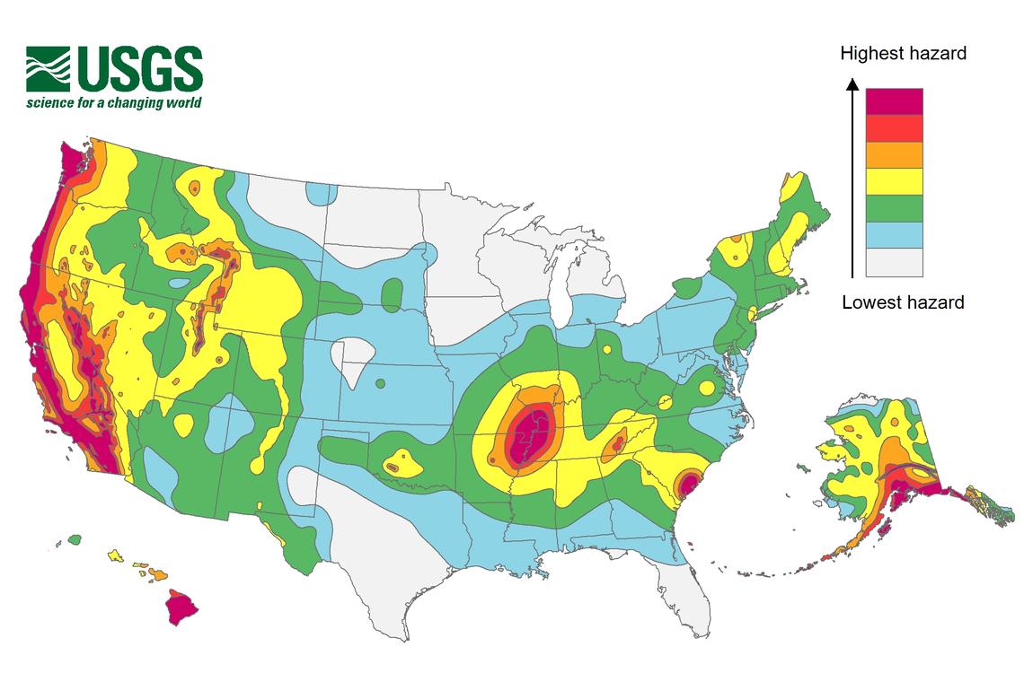 Earthquake hazards are possible in broad areas of the United States. Earthquake hazard map showing peak ground accelerations having a 2 percent probability of being exceeded in 50 years, for a firm rock site. The map illustrates such hazards and is based on the most recent USGS models for the conterminous U.S. (2018), Hawaii (1998), and Alaska (2007). Image: USGS