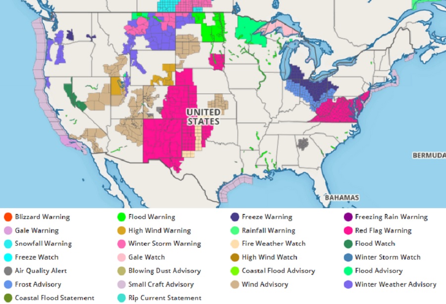 RedFlag Warnings for Fire Danger are up around the U.S.; they appear as bright purple-pink on this map. Image: weatherboy.com