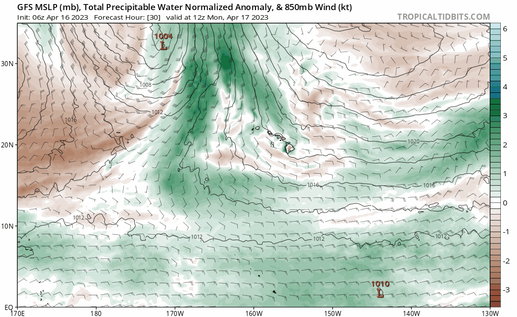 Animation illustrates, based on American GFS Computer Forecast Data, how the front moving through Hawaii will increase chances of heavy precipitation in the days ahead. Image: tropicaltidbits.com