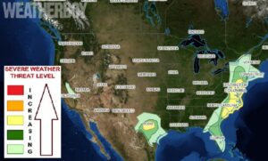 The highest threat area for severe weather is along portions of the East Coast this afternoon and evening. Image: weatherboy.com