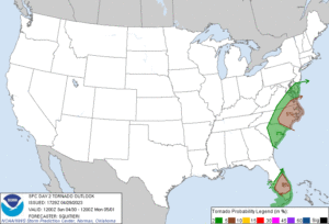 The color shaded regions in the eastern U.S. have the highest risk of tornadic thunderstorms on Sunday. Image: NWS SPC