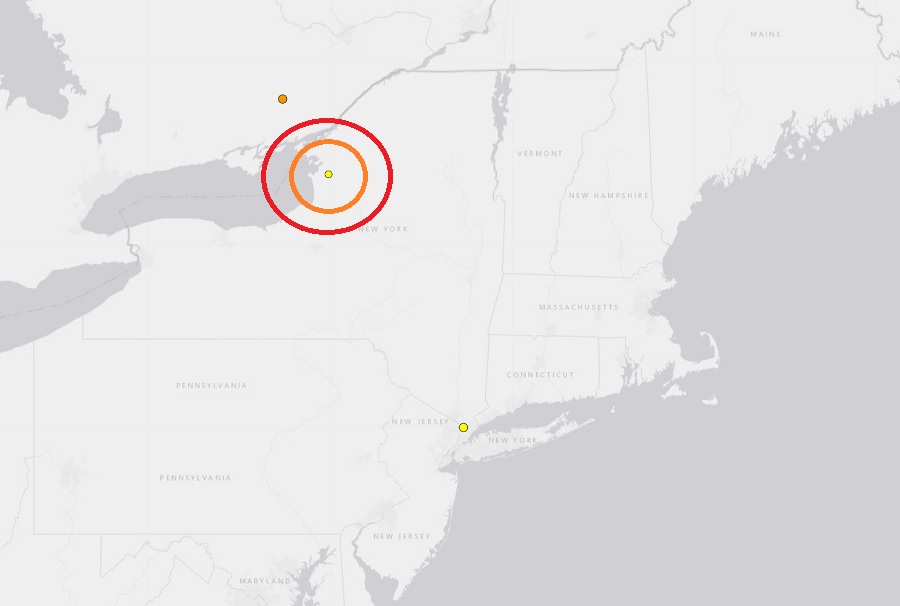 The second earthquake to strike New York in as many days hit near Watertown; the epicenter is indicated by the dot contained within concentric, colored circles. The dot outside of New York City reflects the earthquake that hit there yesterday while the dot in Canada reflects the earthquake that hit there today. Image: USGS