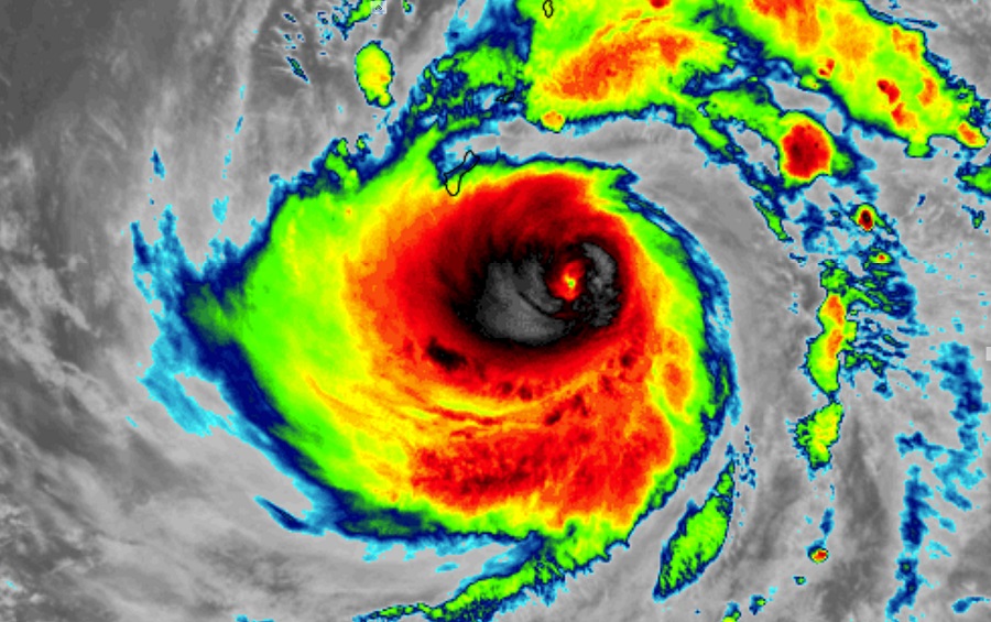 Latest color enhanced satellite view shows Typhoon Mawar approaching Guam. Image: NOAA