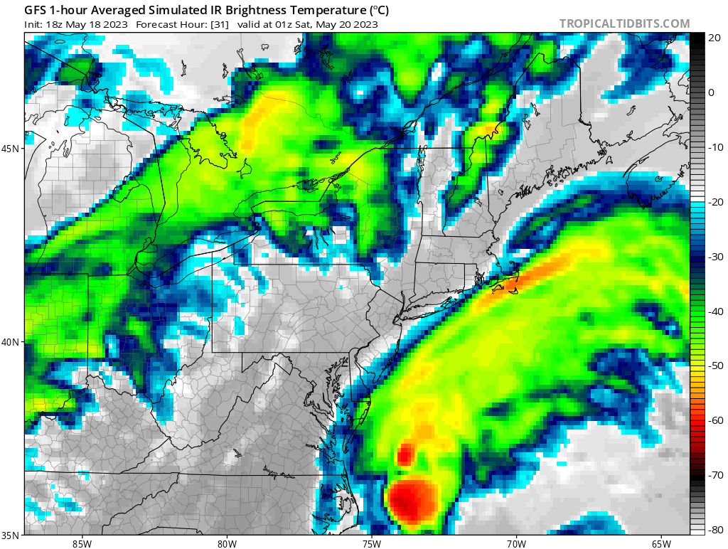 Simulated satellite view based on American GFS computer forecast guidance shows a coastal storm taking shape along the Mid Atlantic Coast on . Image: tropicaltidbits.com