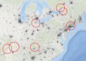 Several earthquakes have struck the eastern U.S. and Canada in recent days; each dot within concentric colored circles represents the epicenter of each measured quake. The dark marks on the map reflect population centers, with darker shades illustrating greater population. Image: USGS