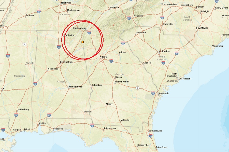 The pair of earthquakes struck Georgia nearly in the same spot just east of the Georgia/Alabama state border. The orange dots within the red circles indicate the epicenter of the earthquakes. Image: USGS