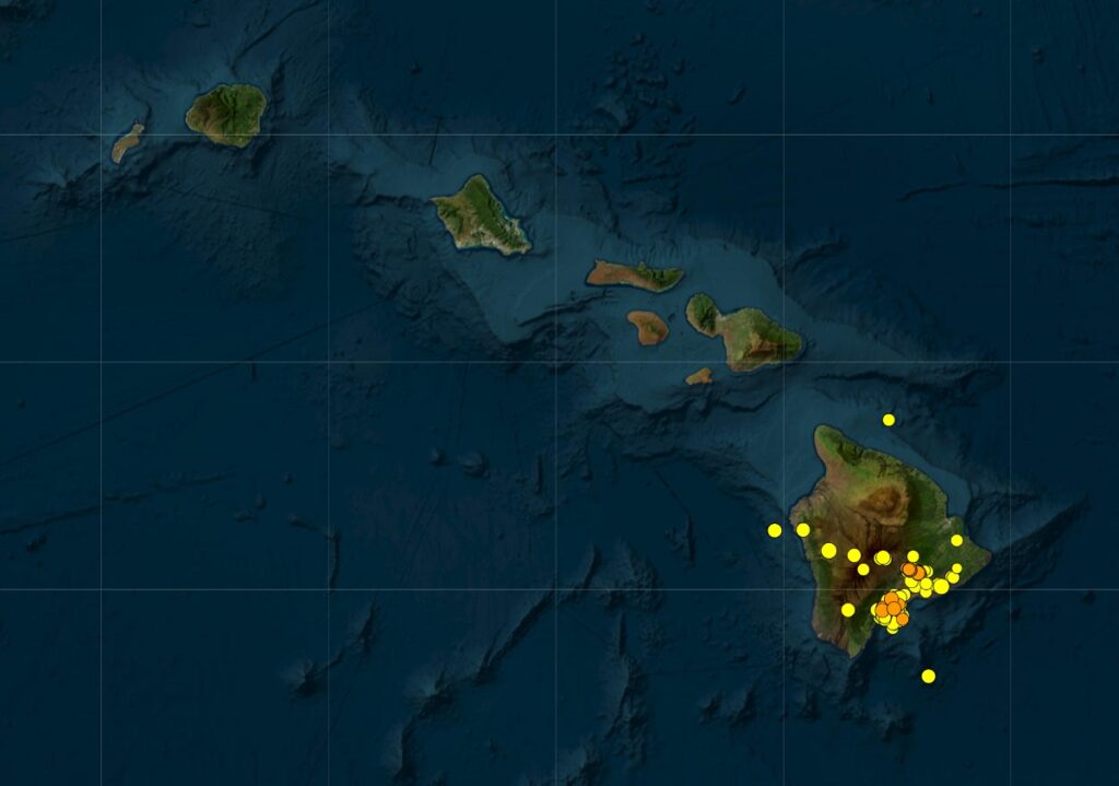 219 earthquakes have struck Hawaii in the last 7 days, all of which struck on or near the Big Island of Hawaii. Each dot represents the epicenter of an earthquake, with the orange dots more recent earthquakes. Image: USGS