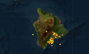 Each dot reflects the epicenter of an earthquake that has struck Hawaii Island or near it over the last 7 days. The yellow dots are the oldest earthquakes while the red dots reflect the location for the last three earthquakes. Image: USGS