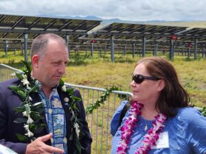 Hawaii Governor Josh Green, M.D., speaks with Hawaii Representative Nicole Lowen, at a blessing ceremony at a large new solar farm in Waikoloa, Hawaii on May 18, 2023. Image: Weatherboy