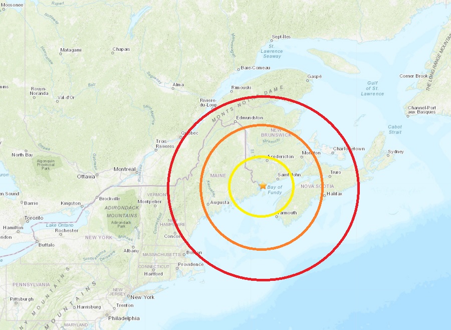 Today's earthquake struck just east of the U.S. / Canada border in New Brunswick at the orange star inside the colored concentric circles. Image: USGS