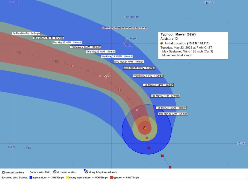 The latest forecast track from the National Weather Service shows a direct hit to Guam by this strengthening typhoon. Image: NWS