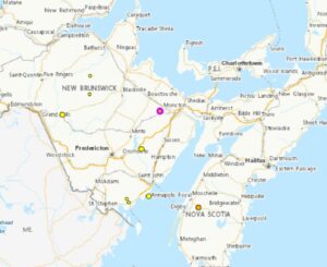 This map reflects earthquakes over the last 30 days in New Brunswick, with the purple dot illustrating the strongest of the bunch. Image: Earthquakes Canada