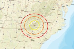 An earthquake struck North Carolina this evening; its epicenter appears at the orange dot inside the concentric colored circles. Image: USGS