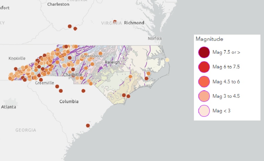 Noteable earthquakes in North Carolina from 1874-Present. Image: North Carolina Department of Environmental Quality
