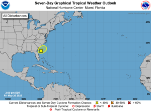 The latest Tropical Outlook from the National Hurricane Center identifies the area being watched for tropical development. Image: NHC