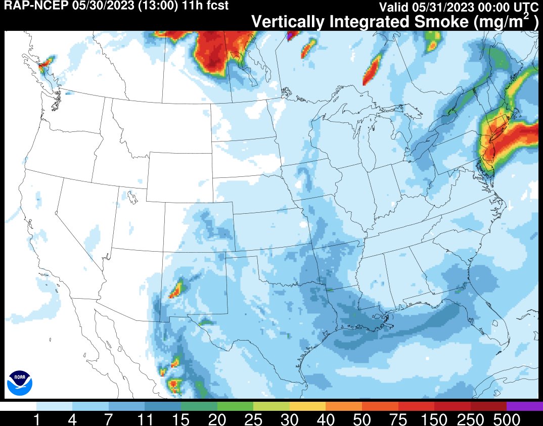 This forecast model shows dense smoke from Canada arriving over New Jersey and surrounding areas this evening by 8 pm. Image: NWS