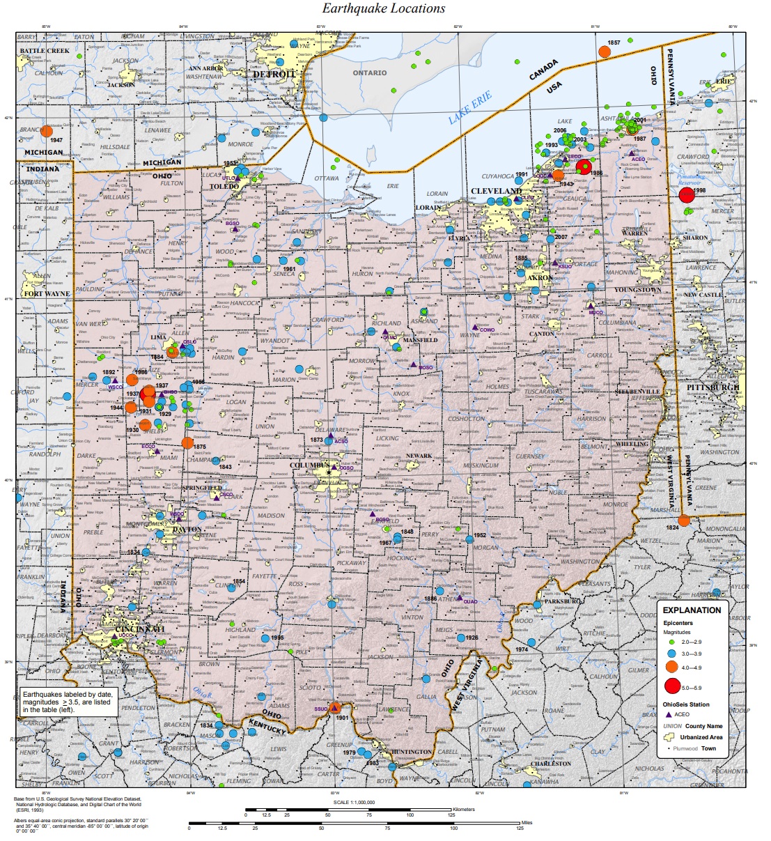 History of earthquakes across Ohio from 1776-2007. Image: USGS