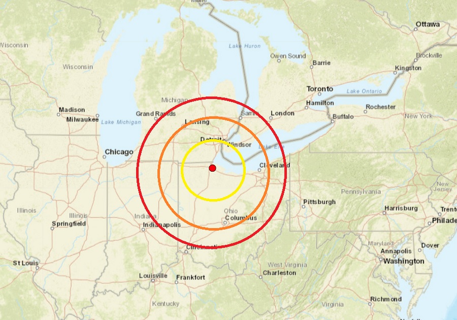 The epicenter of this evening's earthquake is at the red dot near Toledo, Ohio inside the colored concentric circles. Image: USGS