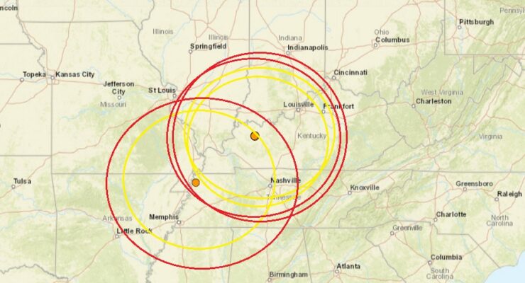 The three earthquakes struck within an hour of each other; the epicenter of each is at the orange dot contained inside the concentric colored circles. Image: USGS