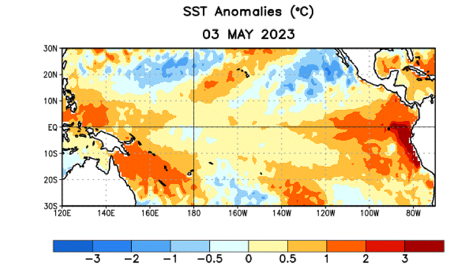 Average sea surface temperature (SST) anomalies (°C) for the week centered on May 3, 2013. Anomalies are computed with respect to the 1991-2020 base period weekly means. Image: CPC