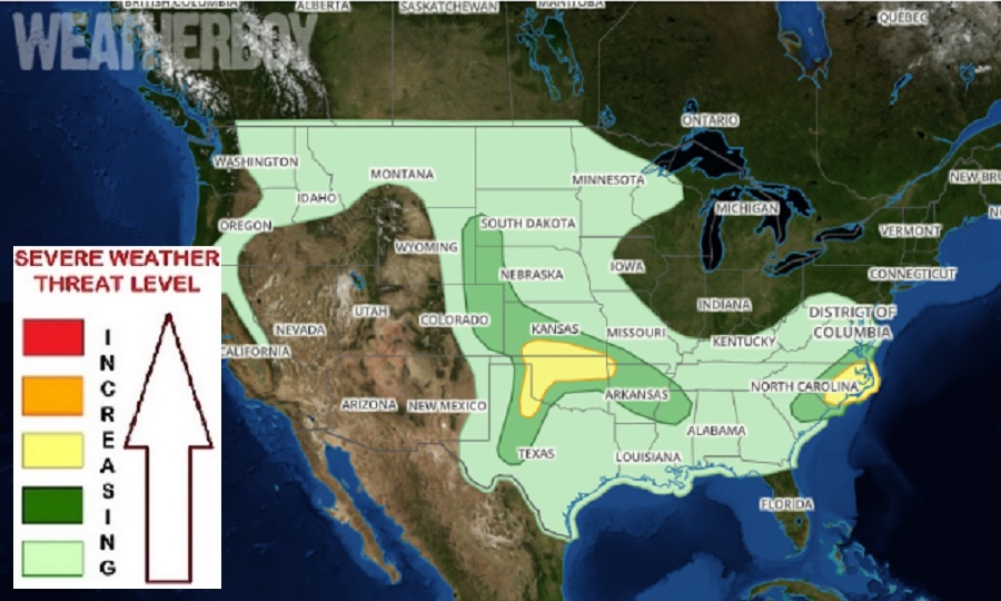 While thunderstorms are possible in any color shaded region, the greatest threat of severe weather is in the yellow areas on this map.  Image: weatherboy.com