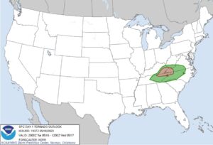 The shaded region on this map has an elevated risk of tornadoes, with the brown area having an even higher risk than the green area. Image: NWS SPC